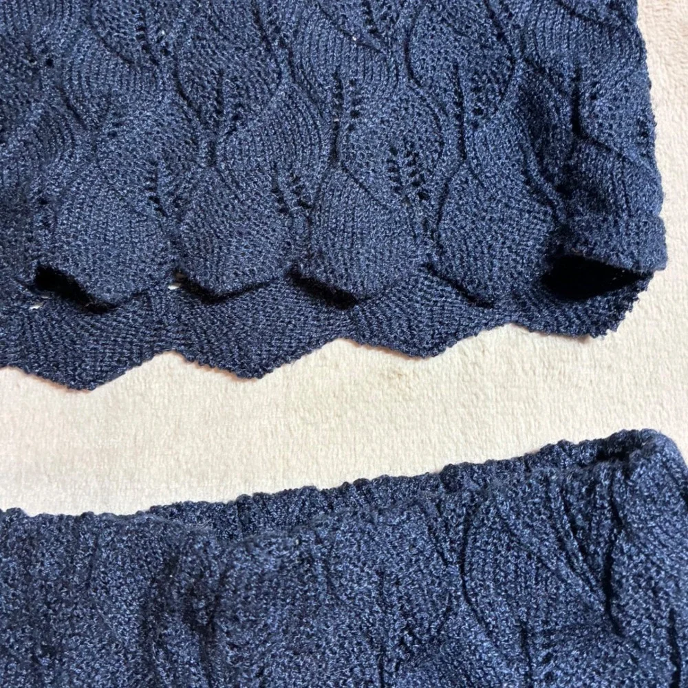 Handmade Vintage Navy Pointelle Knit 2 Piece Skirt Set Scalloped V-Neck Midi
